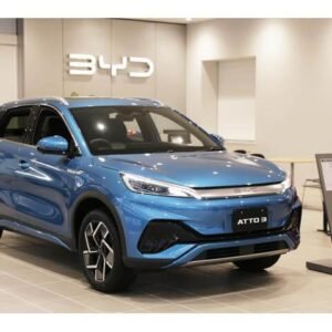 BYD Atto 3 blue electric SUV front three-quarter view